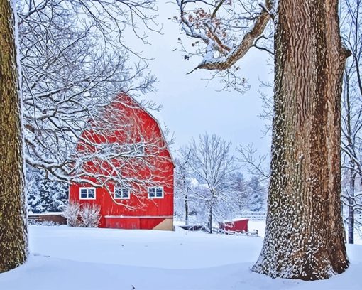 Red Barn Snow paint by number