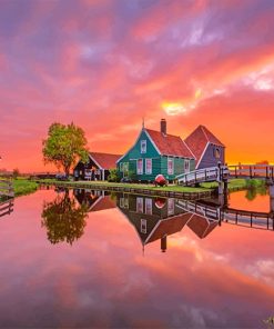 Cottage Reflection Sunset paint by number