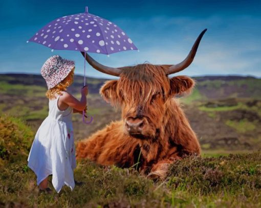 Umbrella Child With Brown Cow paint by number