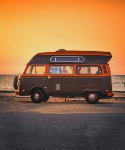 Orange And Black Van Parked On Shore paint by numbers