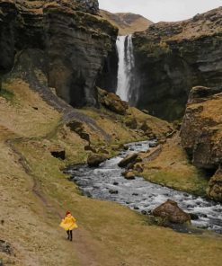 Traveler Walking On Water Slope Near Waterfall paint by numbers