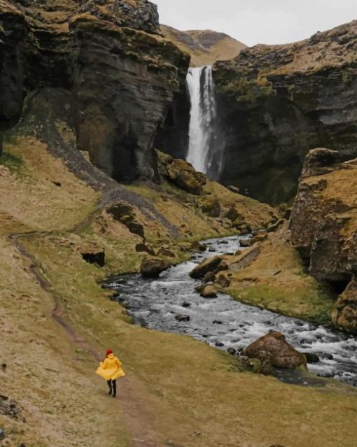 Traveler Walking On Water Slope Near Waterfall paint by numbers