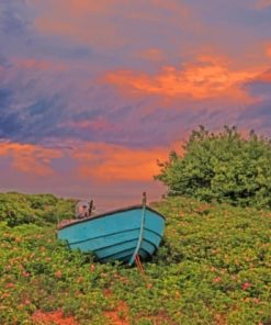 Blue Boat On Sweden Sunrise paint by numbers