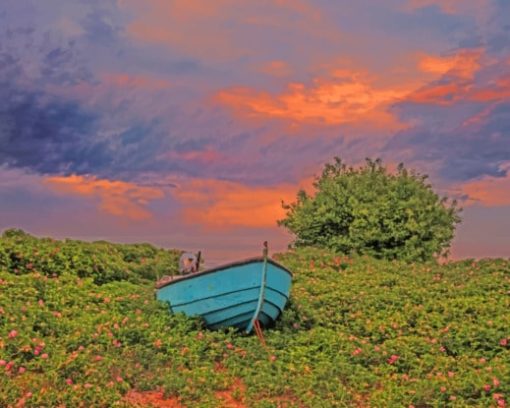 Blue Boat On Sweden Sunrise paint by numbers