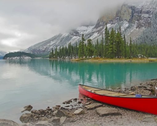 Canada Parks Mountains Lake Coast with Red Boat Jaspe paint by numbers