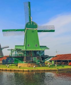 Netherlands River Houses Zaanse Schans Mill paint by numbers