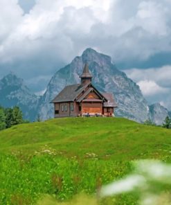 Wooden Cabin In Landscape paint by numbers