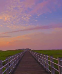 Boardwalk Through Marsh Under Bright Purple Sky paint by numbers