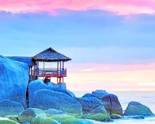 Hut On Stone Rock In Front Of Calm Sea paint by numbers