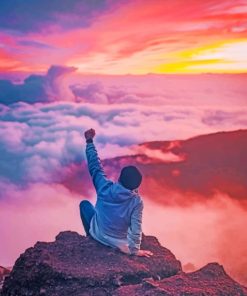 Man Sitting On Mountain Cliff Facing White Clouds paint by numbers