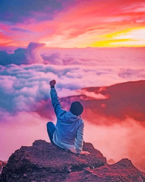 Man Sitting On Mountain Cliff Facing White Clouds paint by numbers