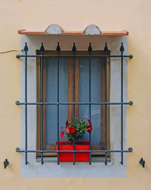 Window With Iron Guards On Yellow Building paint by numbers