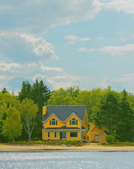 Yellow Cottage On Lake paint by numbers