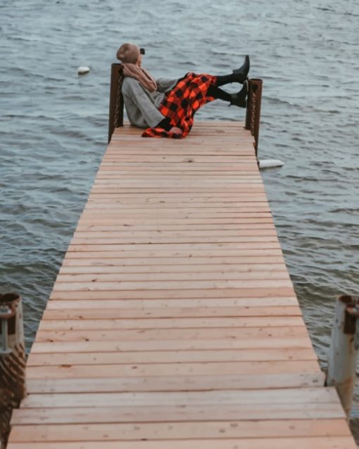 Young Woman Sitting On A Dock Looking Out To Water paint by numbers