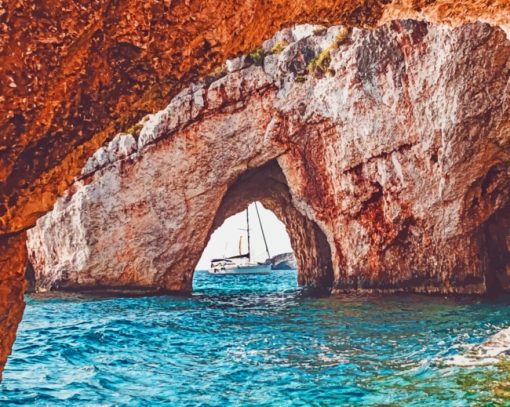 Boat In Blue Caves Zakynthos paint by numbers