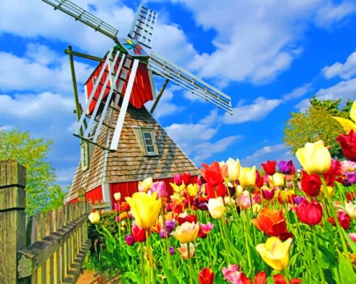 Windmill Among Flowers Paint By Numbers