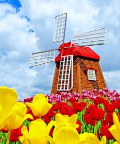 Windmill And Colorful Flowers Paint By Numbers