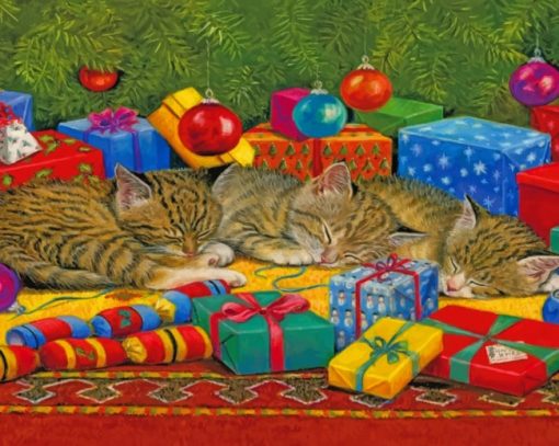 Cats Laying Near Christmas Gifts paint by numbers