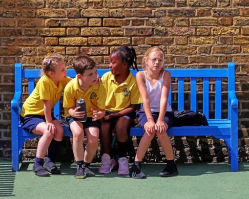 Children Sitting On A Blue Chair paint by numbers