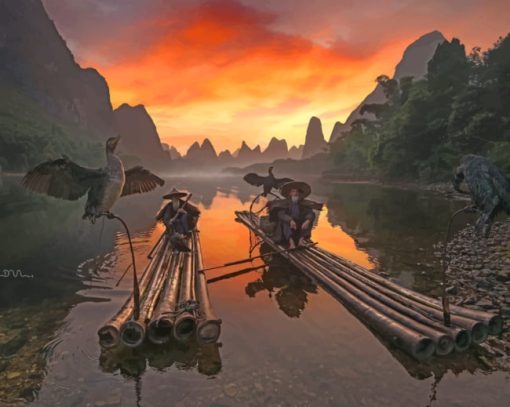 Two Chinese Men On Boats Paint by numbers