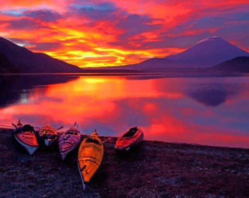 Colorful Boats On The Side Of A Lake paint by numbers