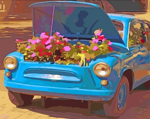 Blue Car And Flowers Paint by numbers