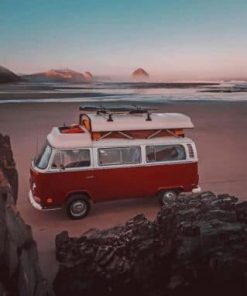 Red Campervan In The Beach paint by numbers