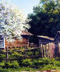 Log Cabin In Almond Trees Paint by numbers