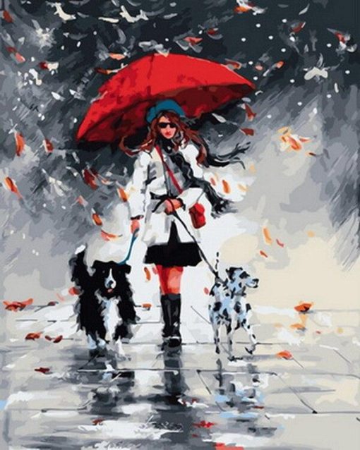 Enjoying A Walk In The rain With Her Dogs