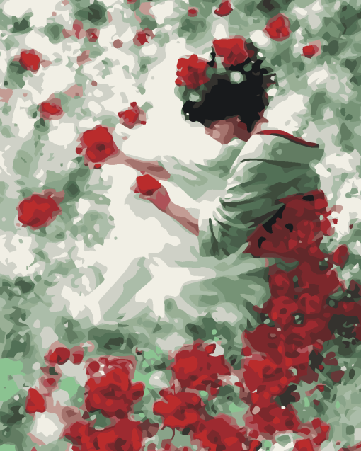 Japanese Girl Red Flowers Paint by numbers