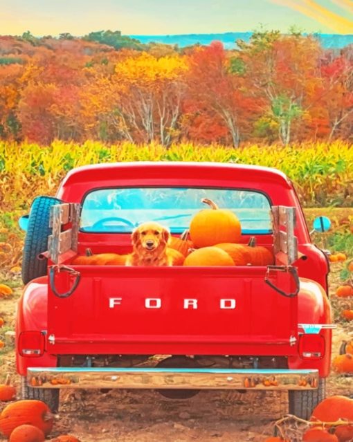 Dog And Pumpkins In A Red Truck Paint by number