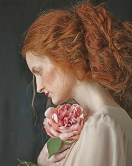 Redhead Woman Holding A Rose Paint by numbers