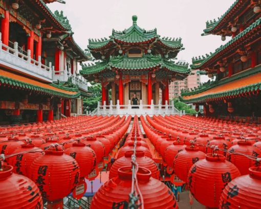 Green And Red Pagoda Temple paint by numbers