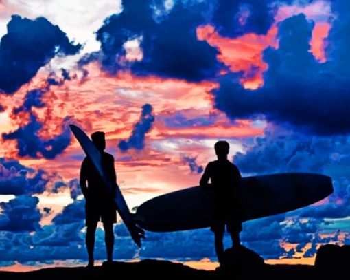 Surfers Silhouette In A Cloudy Day Paint by numbers