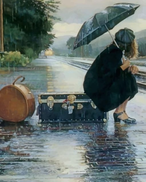 Woman Waiting For The Train In A Rainy Day Paint by numbers