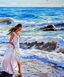 Beautiful Girl Walking On Beach paint by number