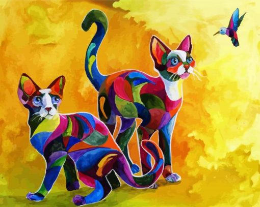 Colorful Cats And Hummingbird paint by number