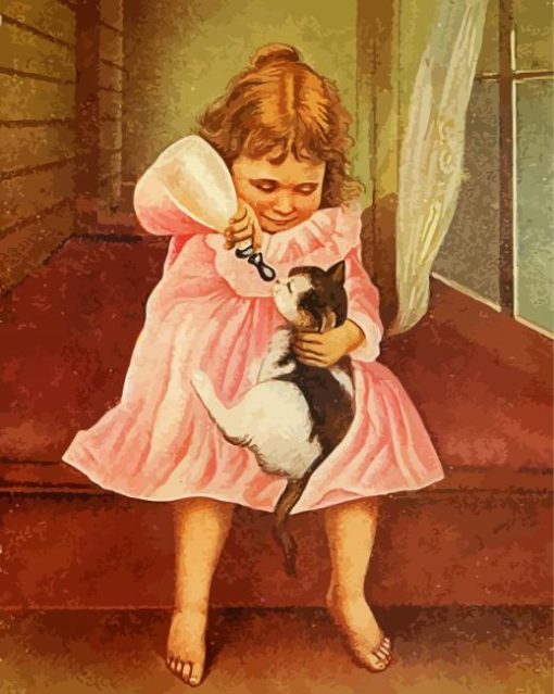 Cute Little Girl And Kitten paint by number