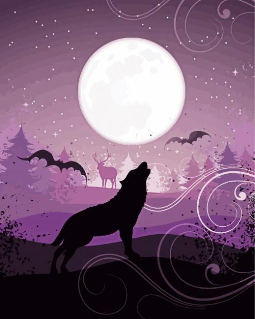 Purple Full Moon With Howling Wolf paint by number