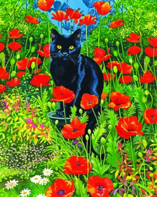 Cat In Poppy Garden paint by number