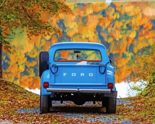 Fall With Blue Truck Water Reflection paint by number