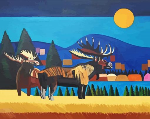 Moose And Moon In Field paint by number