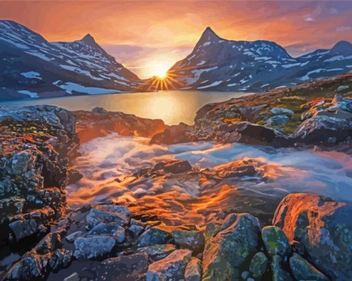 Scandinavian Mountains At Sunset paint by number