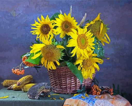 Sunflowers Basket On Table paint by number