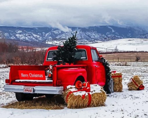 Aesthetic Classic Red Pick Up In Snow paint by number