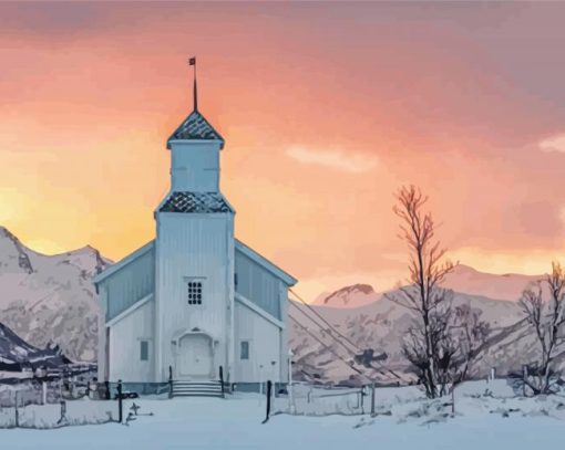 Aesthetic Winter Church Landscape paint by number