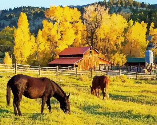 Barn And Horses In Autumn paint by number