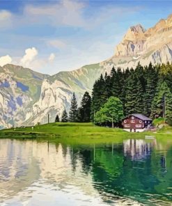 Landscape Swiss Cottage Mountains Lake paint by number