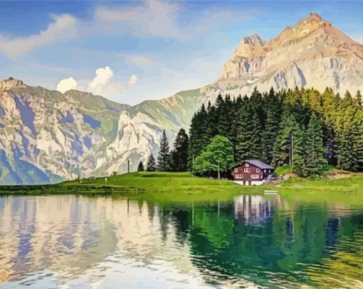 Landscape Swiss Cottage Mountains Lake paint by number