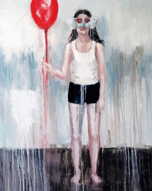 Lonely Lady With Red Balloon paint by number